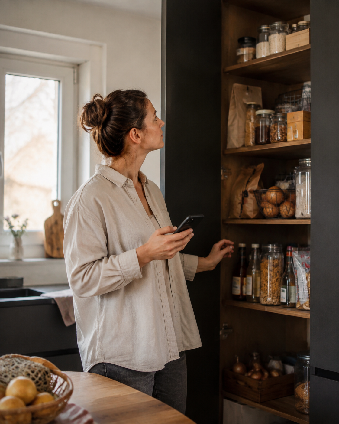 Eine Frau prüft mit dem Smartphone ihre Vorräte im Küchenschrank